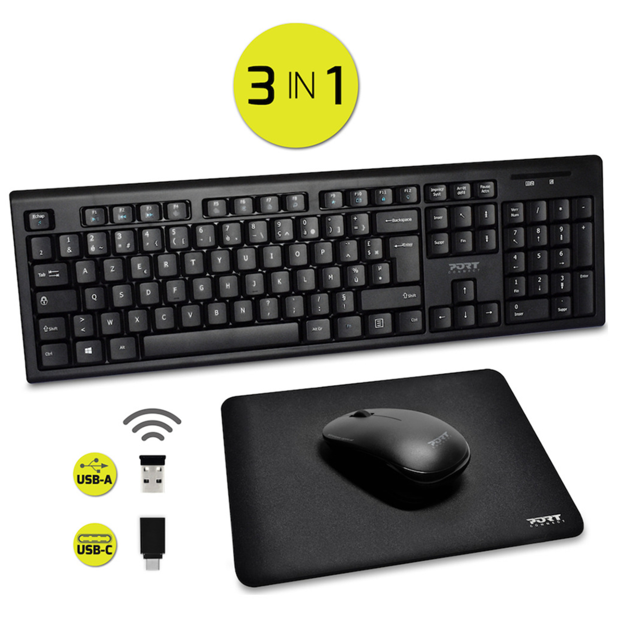 Pack Clavier + Souris sans Fil + Tapis Noir Port - Neuf