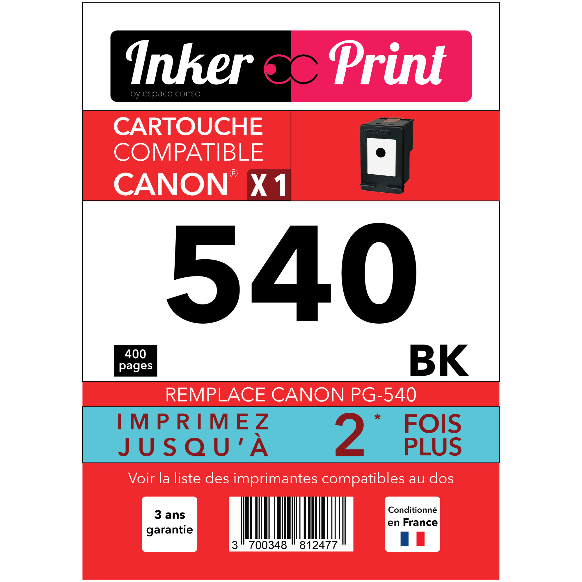 Cartouche d'encre recyclée compatible avec CANON PG-540 XL (Noir) - Neuf