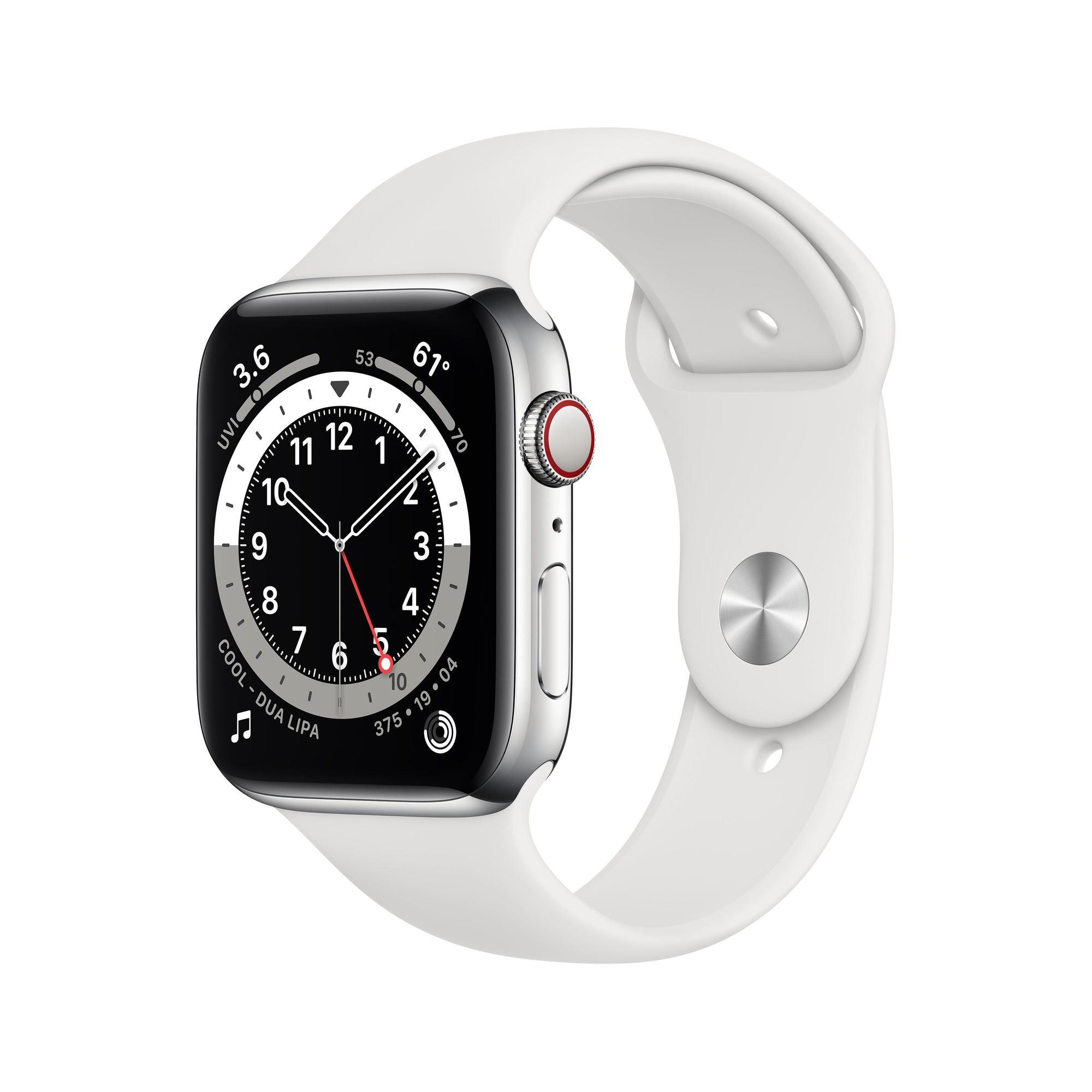Apple Watch Series 6 - Bo&icirc;tier Acier Argent - Bracelet Sport Blanc - 44mm