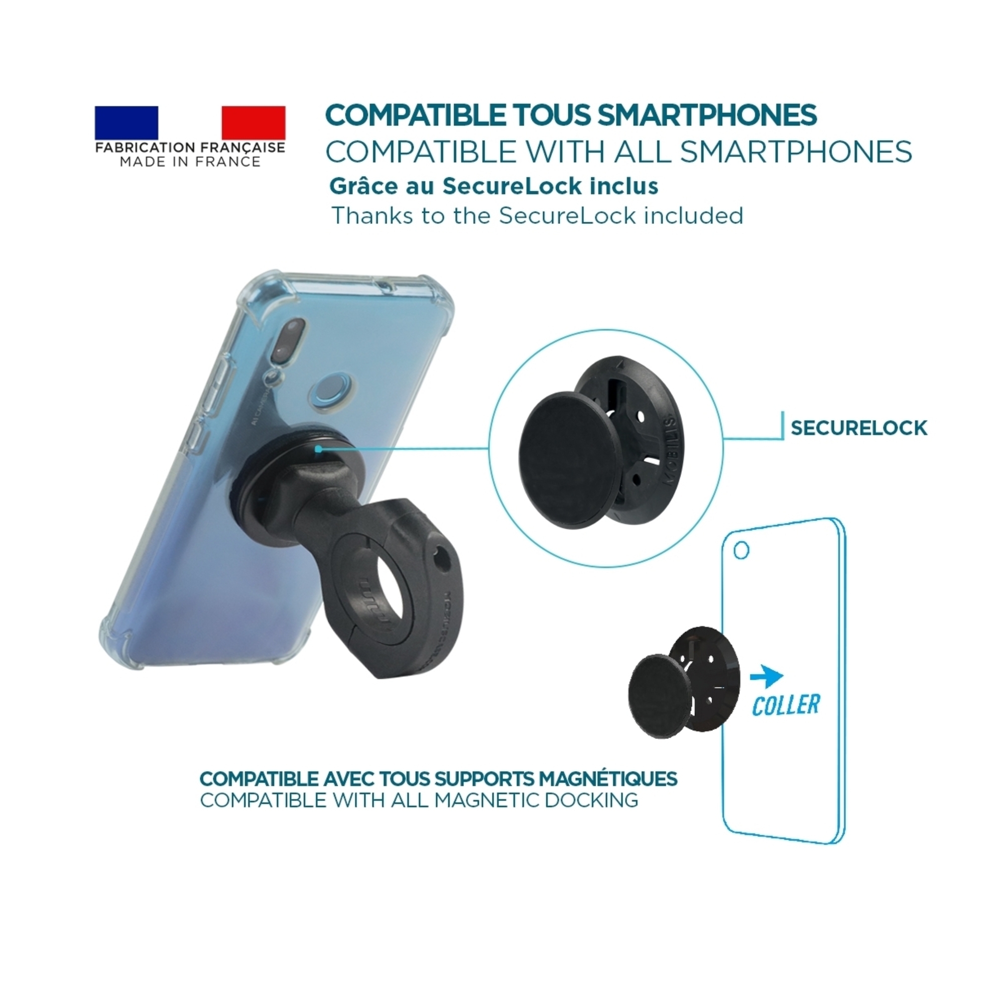 Support Smartphone pour Vélo Porte Téléphone Universel Fabriqué en France Rotation 360° Fixation Mécanique Sécurisée Neuf - vue 2
