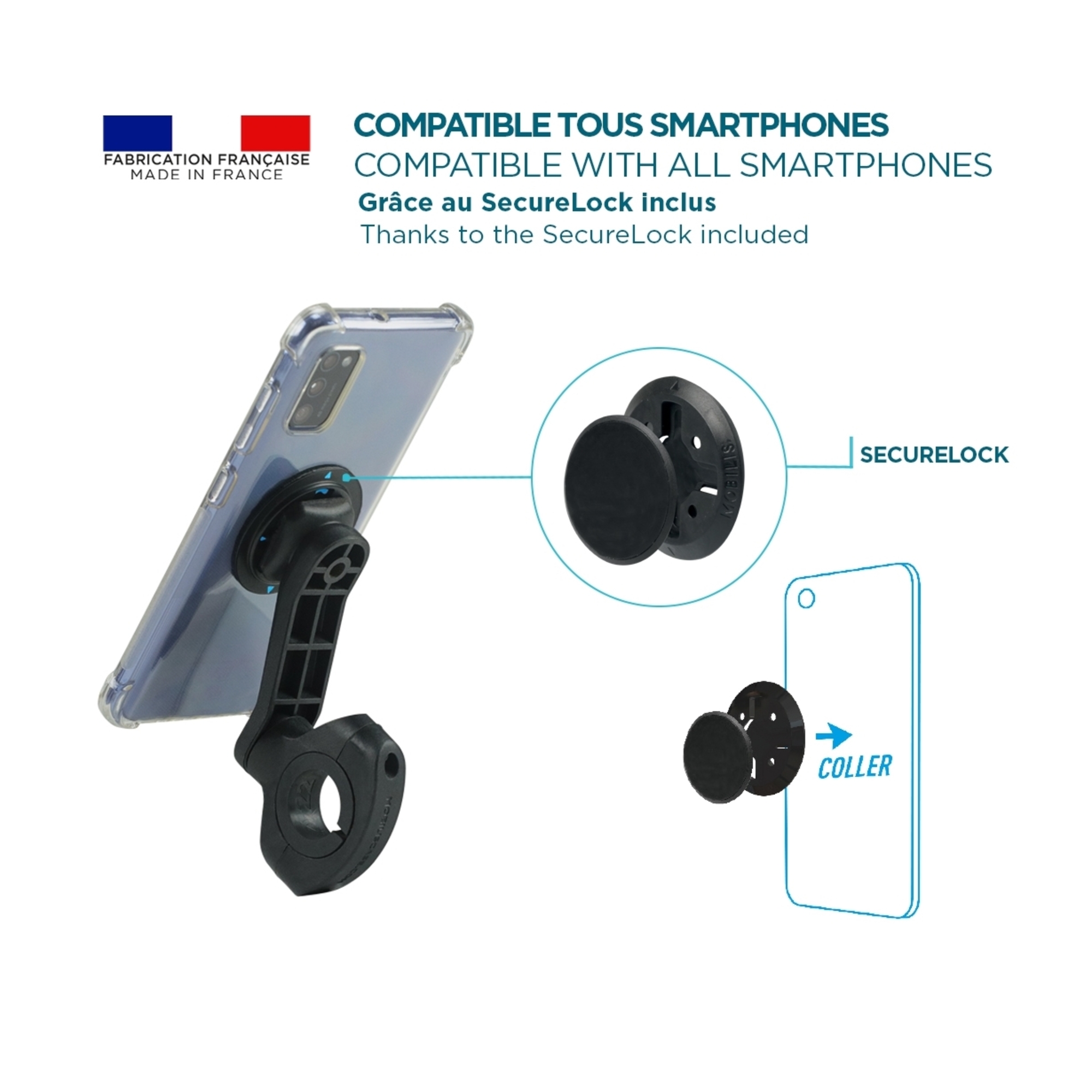 Support Smartphone pour Moto Porte Téléphone Universel Scooter Trottinette Fabriqué en France Rotation 360° Ajustable à tous Guidons Neuf - vue 3