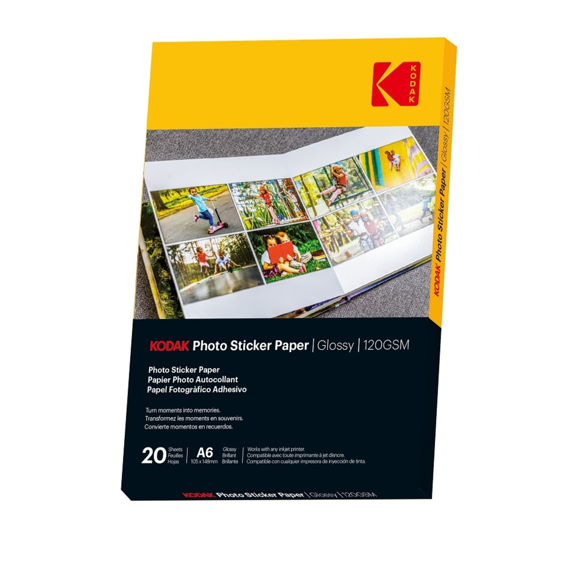 KODAK Photo Sticker Paper - Pack de 20 feuilles de papier photo autocollant - Format 10 x 15 cm (A6) - Finition brillante - 120 gsm - Compatible avec imprimantes jet d'encre - Neuf