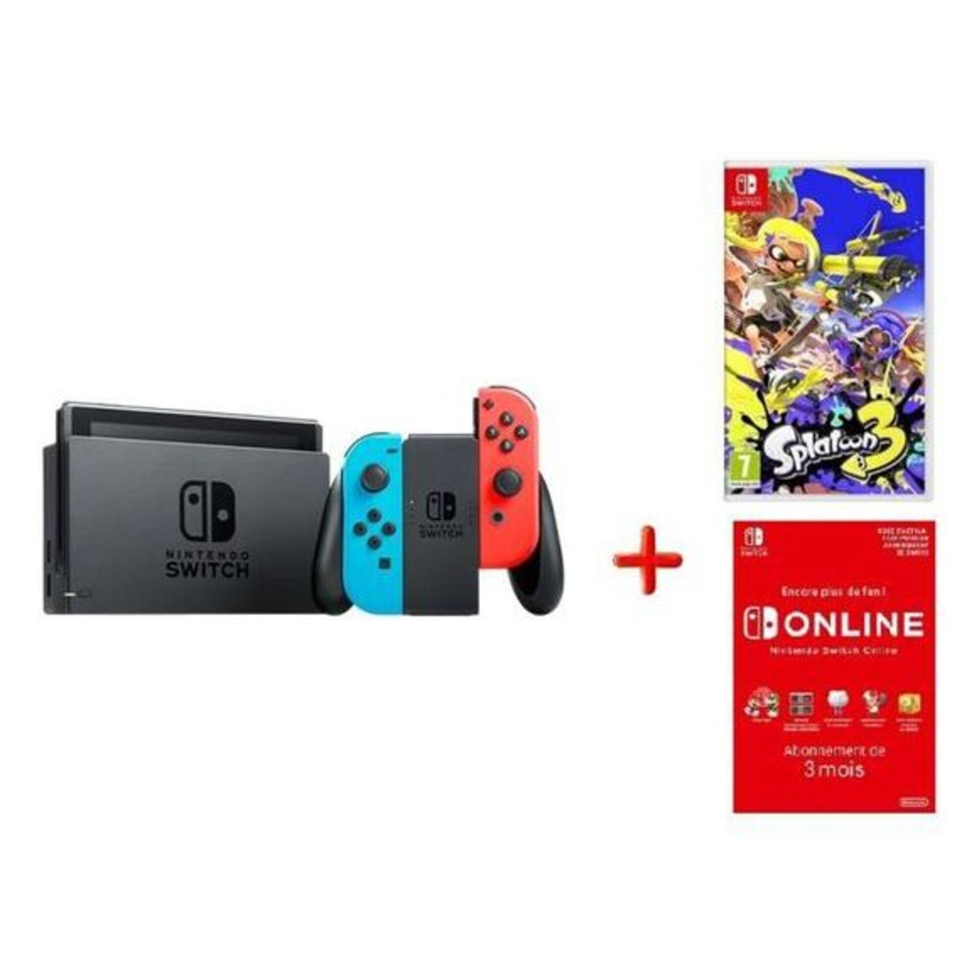 Switch Neon OLED + Splatoon 3 + abonnement 3 mois, Rouge, Bleu - Neuf