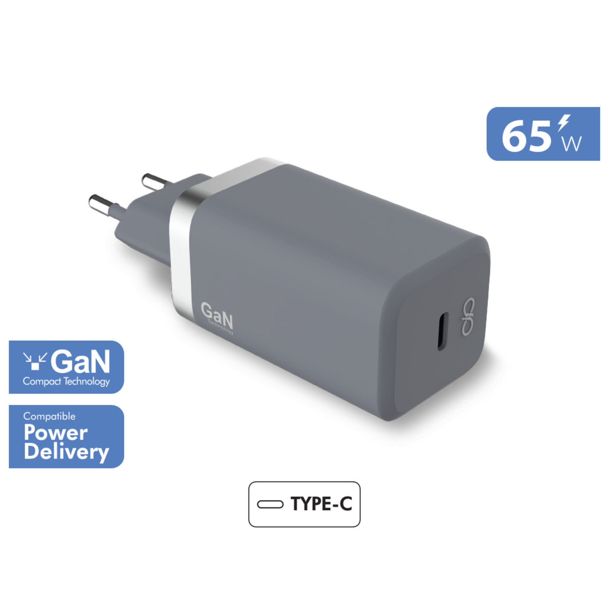 FORCE POWER Chargeur maison  USB C 65W pour smartphone Gris anthracite