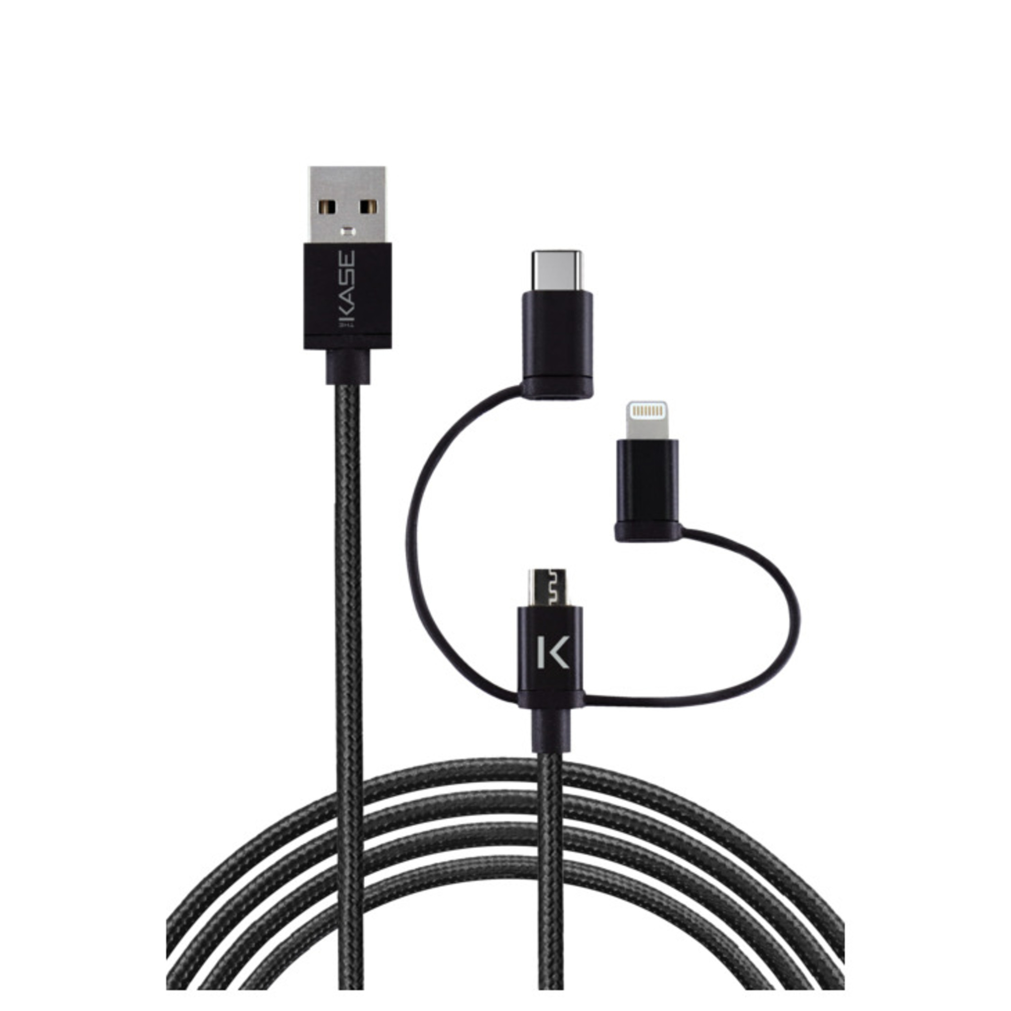 THE KASE C&acirc;ble USB charge/sync 3-en-1 vers micro-USB, Lightning&reg; certifi&eacute; MFi Apple & type C tress&eacute; m&eacute;tallis&eacute; (1M) - Neuf