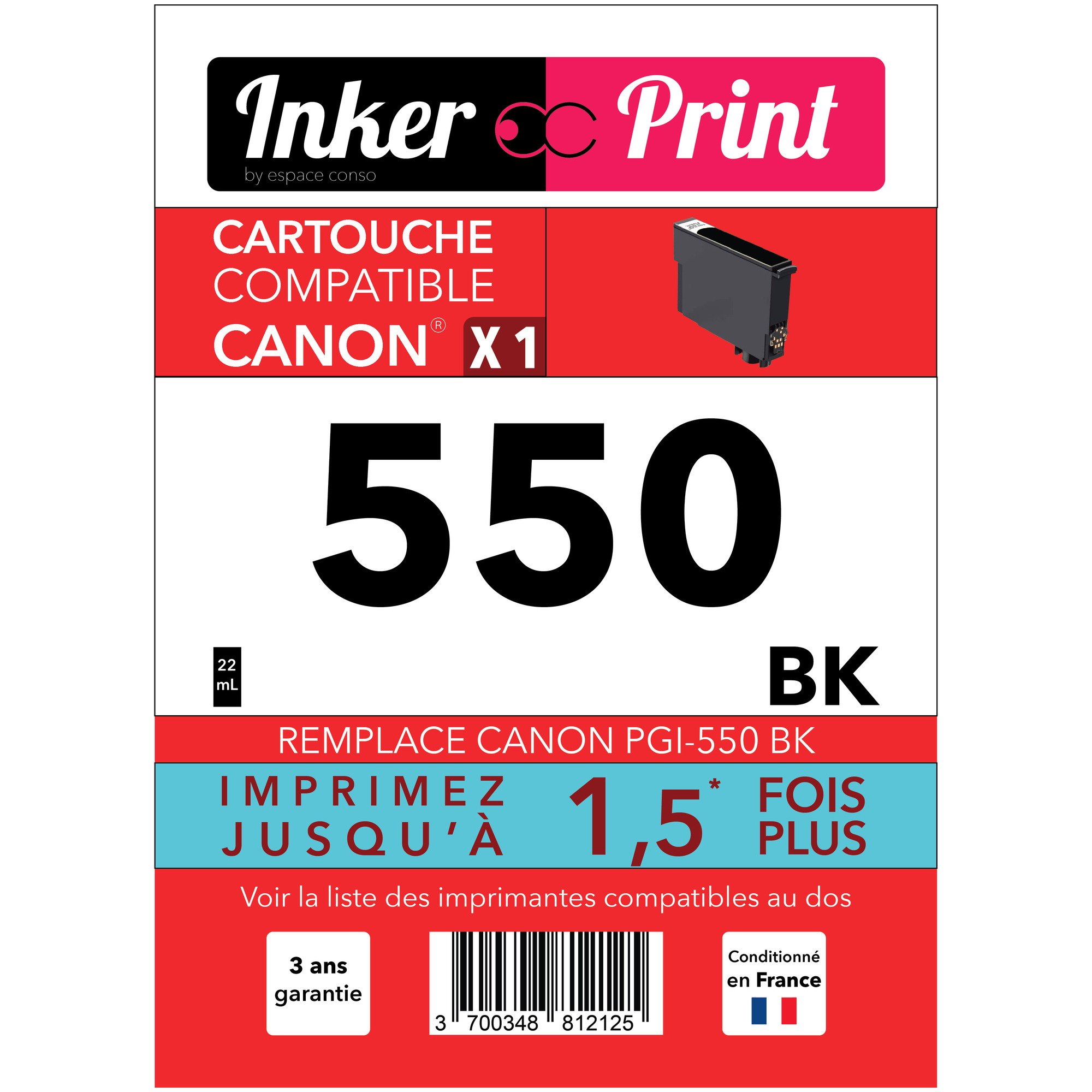 Cartouche d'encre recyclée compatible avec CANON PGI-550 XL (Noir) - Neuf