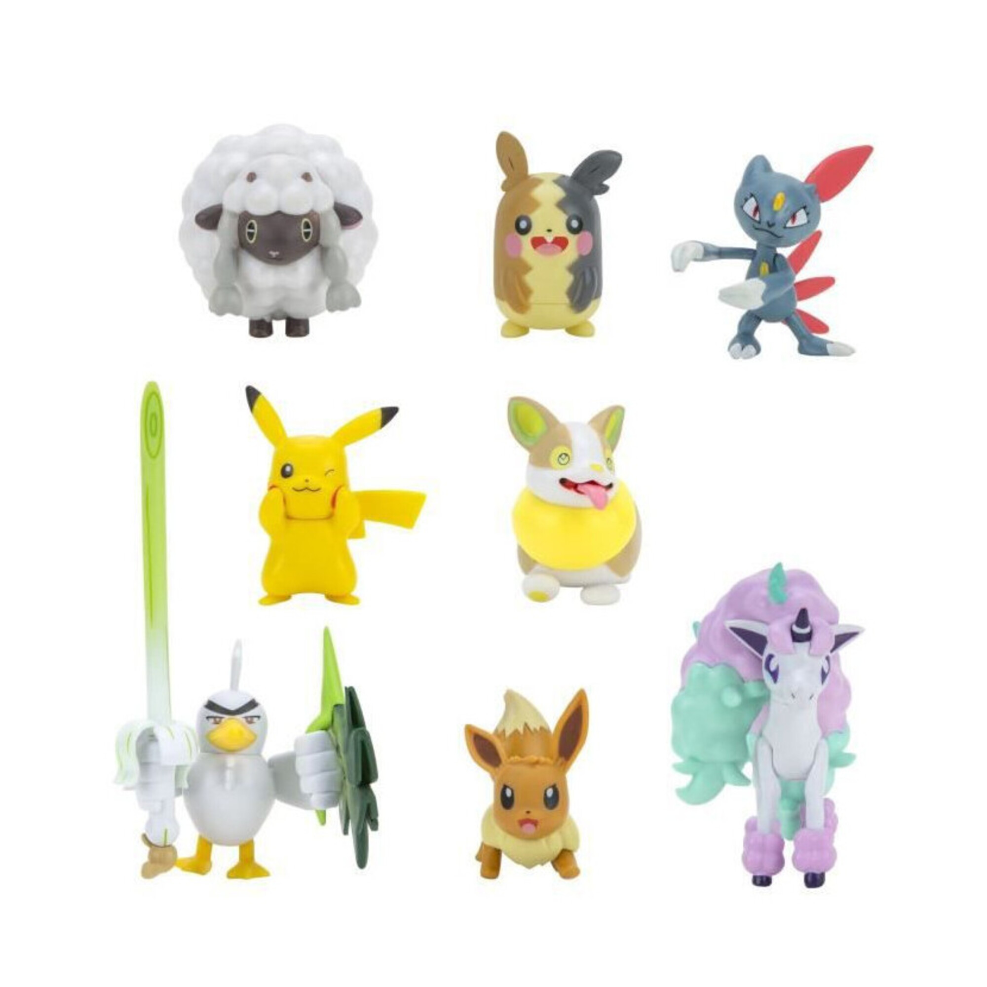 8 Figurines Battle Pokémon BANDAI Pikachu, Evoli, Moumouton, Farfuret, Voltoutou, Palarticho, Ponyta, Morpeko - PKW0185 - Neuf