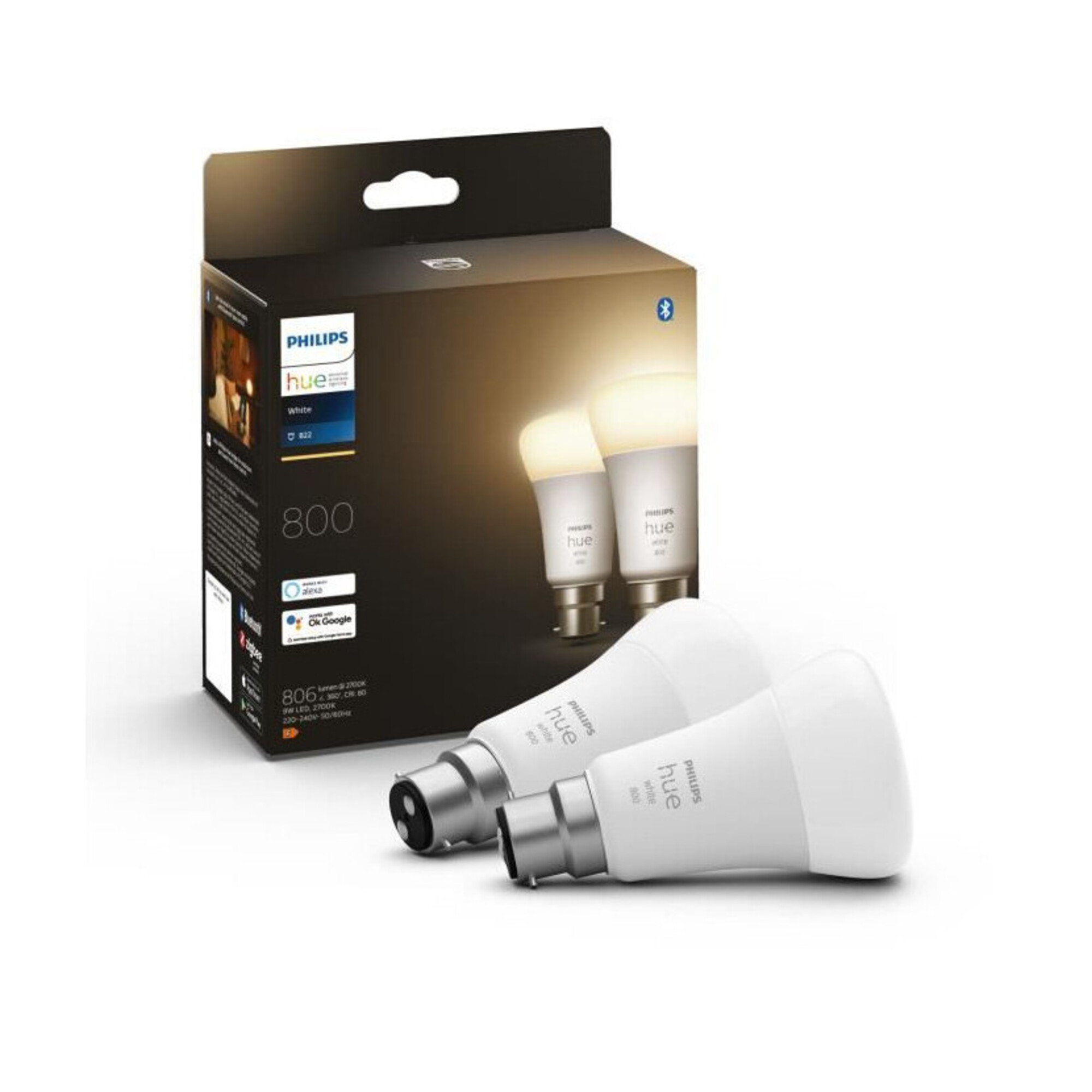 PHILIPS Hue White - Ampoule LED connectée 9,5W - B22 - Compatible Bluetooth - Pack de 2 - Neuf