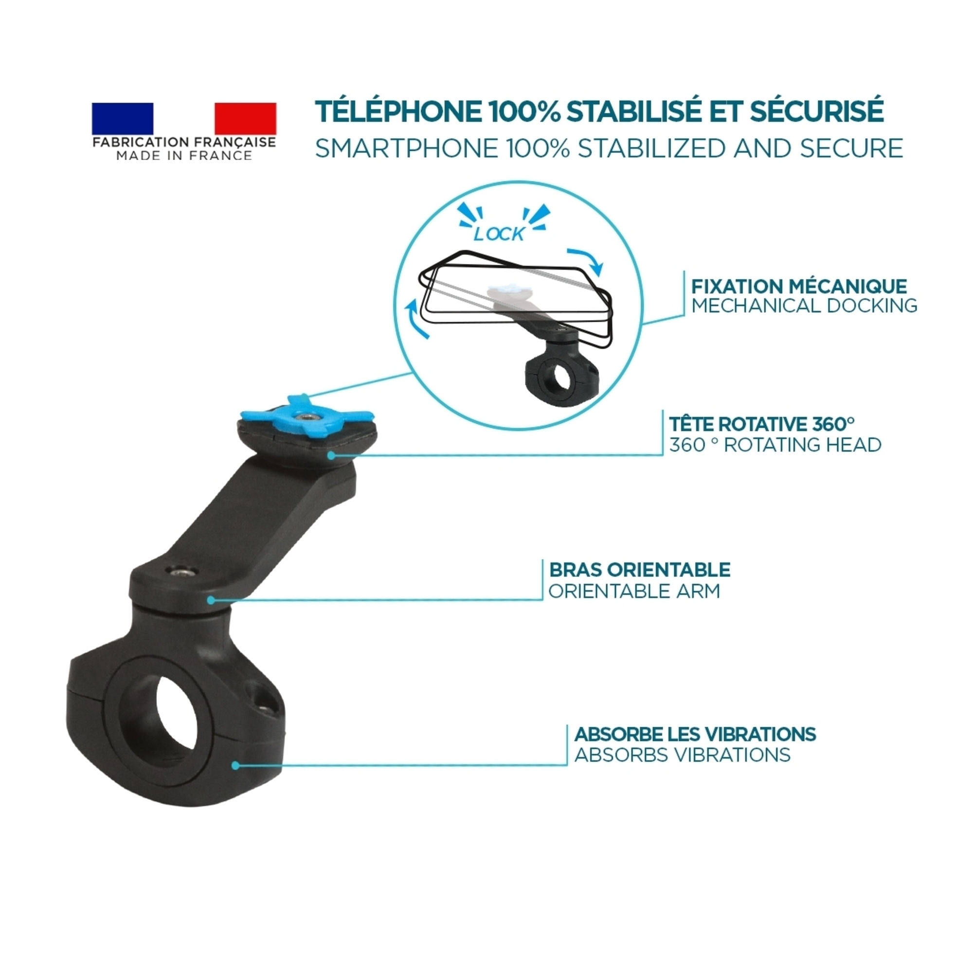 Support Smartphone pour Moto Porte Téléphone Universel Scooter Trottinette Fabriqué en France Rotation 360° Ajustable à tous Guidons Neuf - vue 2