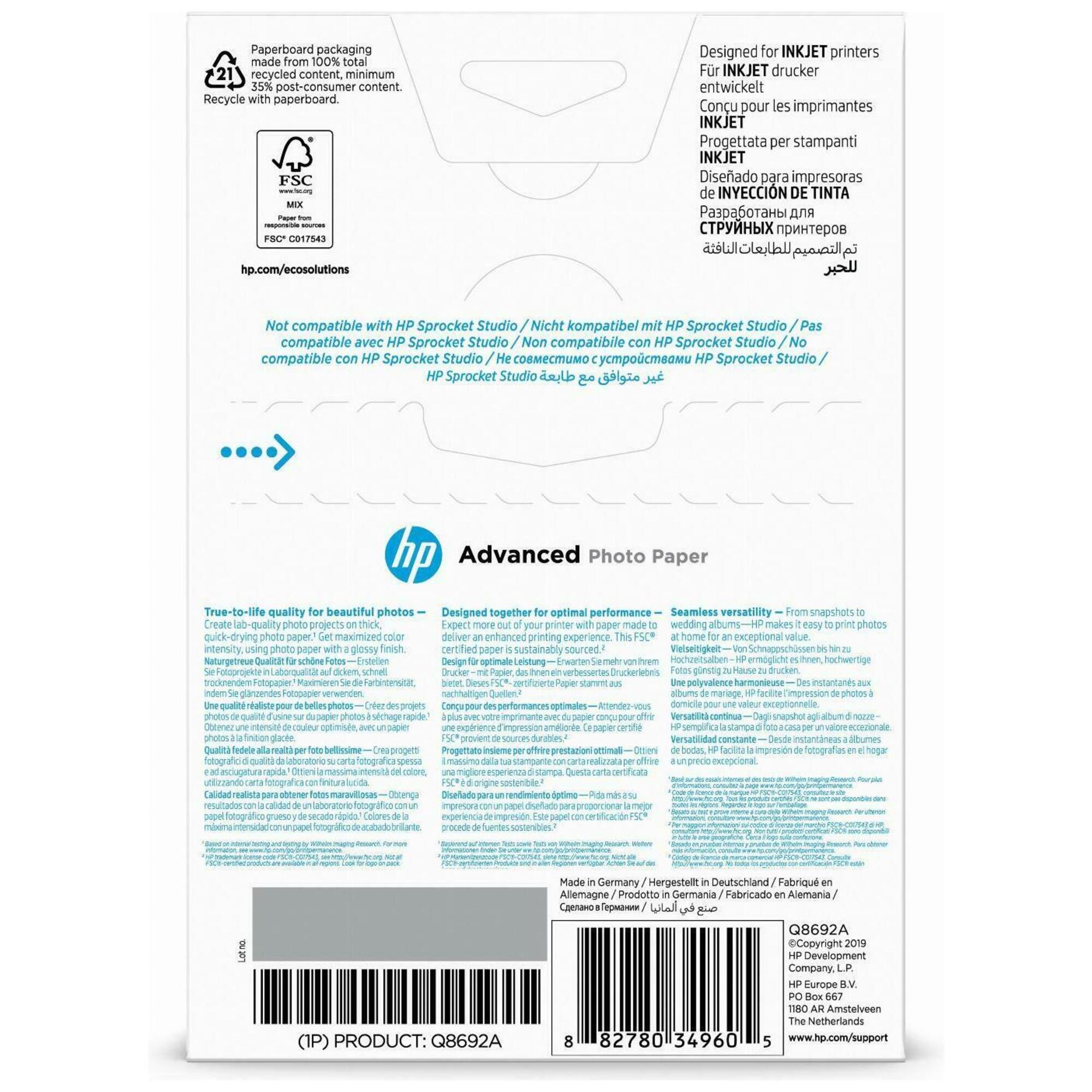 Papier photo HP Advanced à finition brillante 25 feuillesA4210 x 297 mm Q5456A - vue 9