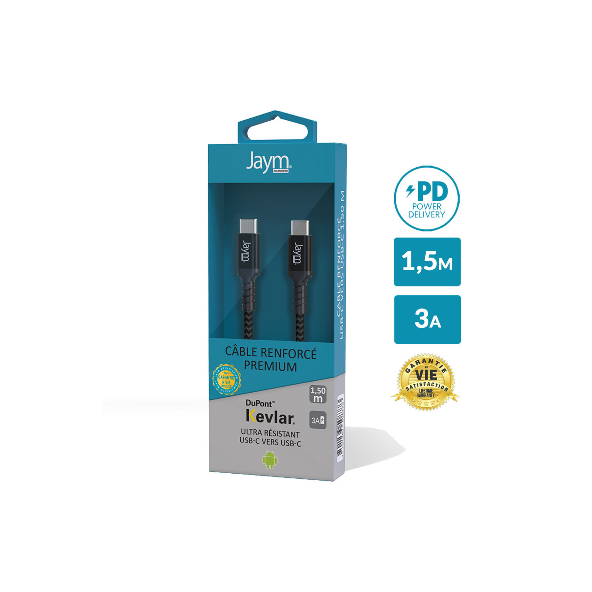 Jaym Cable Premium 1 50 USB C vers USB C Charge rapide Power Delivery Garanti à Vie Ultra renforcé Longueur 1 5 mètres Neuf - vue 2