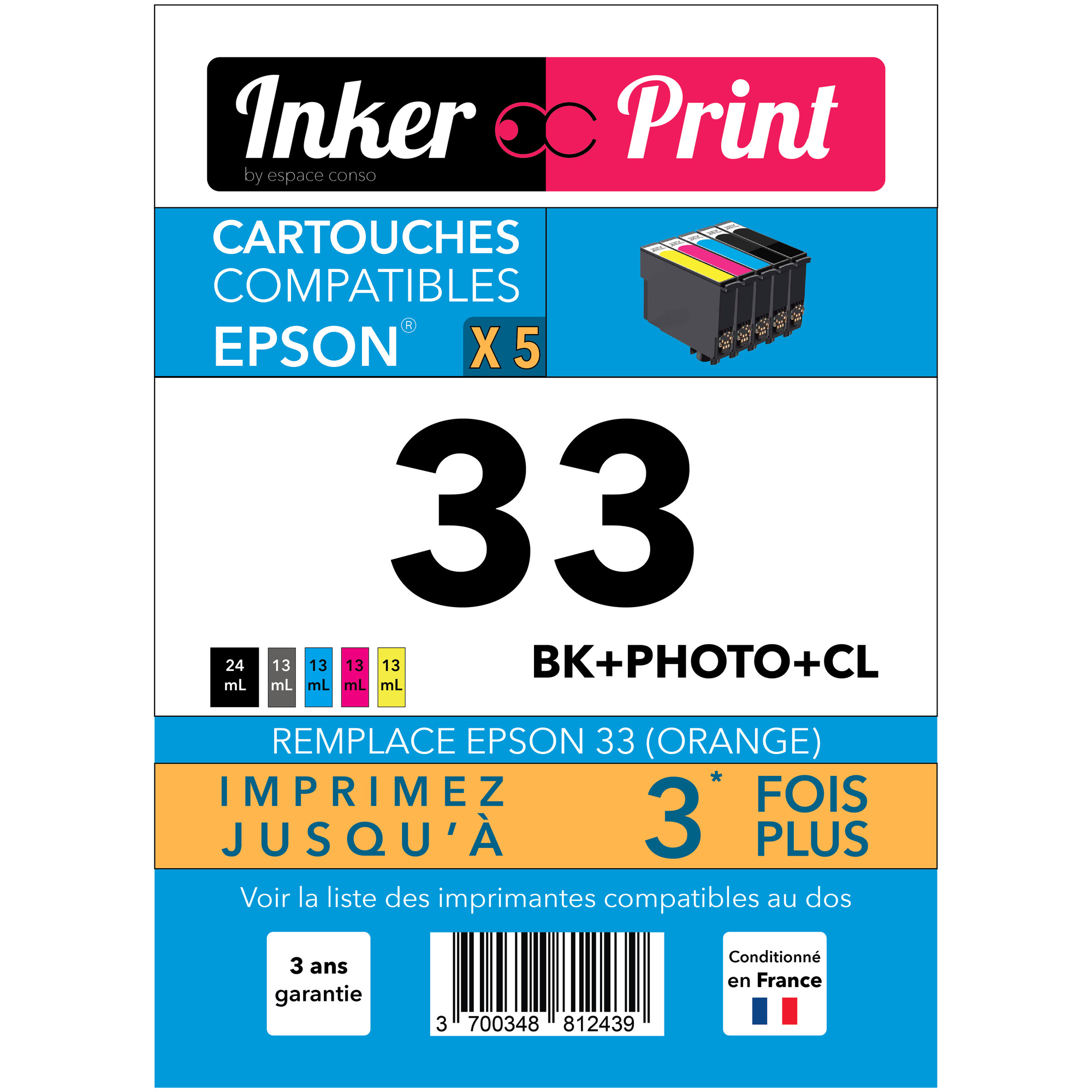 Pack de Cartouches d'encre recyclées compatibles avec EPSON 33 XL (Noir et Couleurs) - Neuf