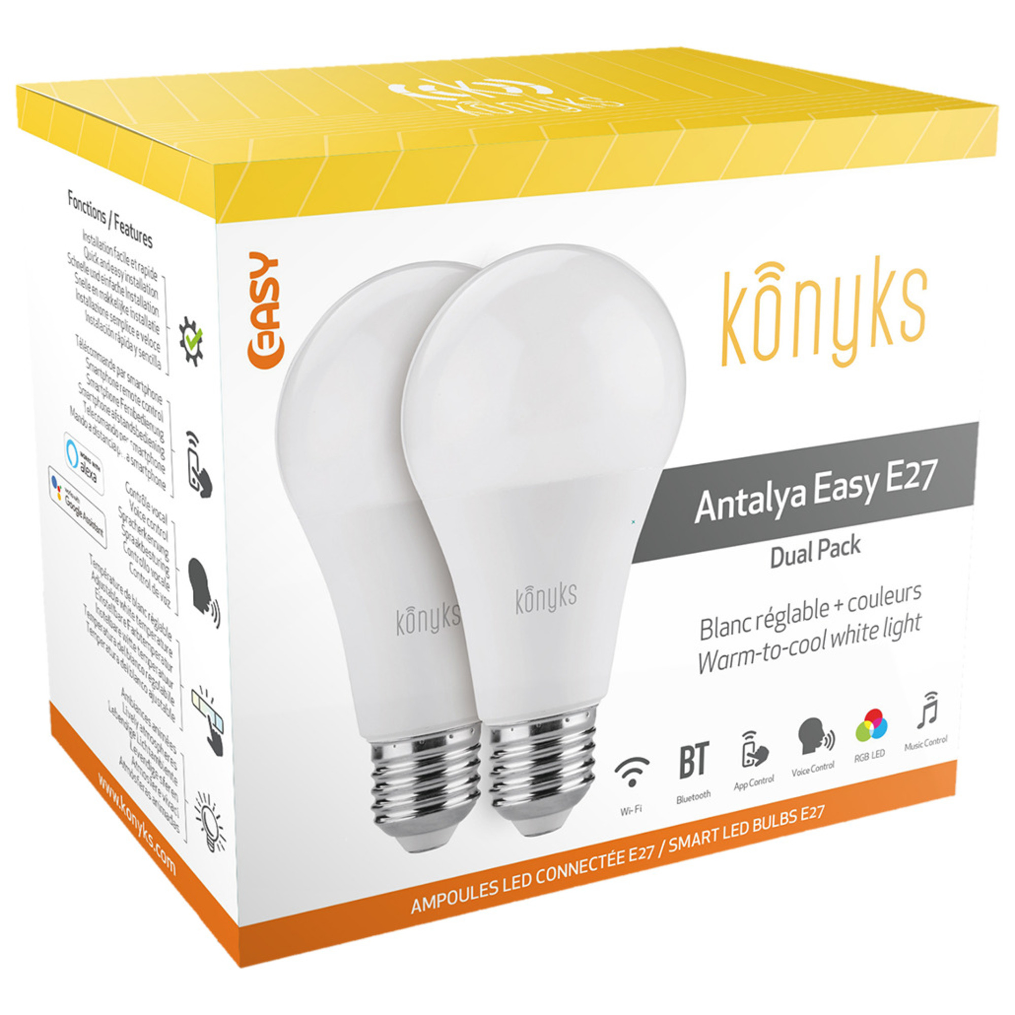 2 Ampoules LED KONYKS Antalya Easy E27 Dual Pack Wifi + Bt Couleurs + Compatible Alexa / Google Home