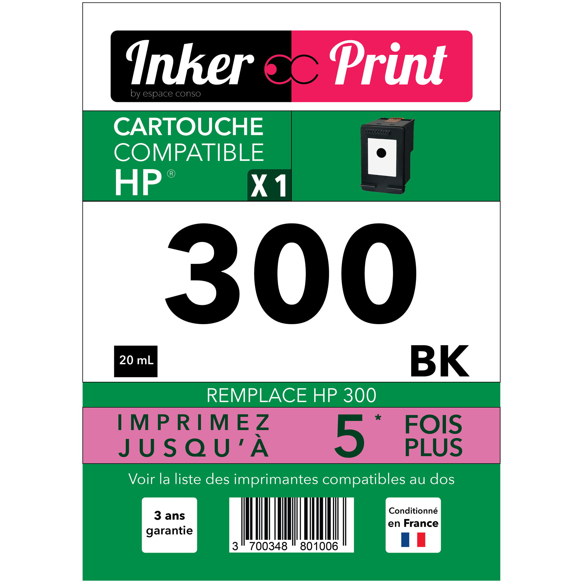 Cartouche d'encre recyclée compatible avec HP 300 XL (Noir) - Neuf