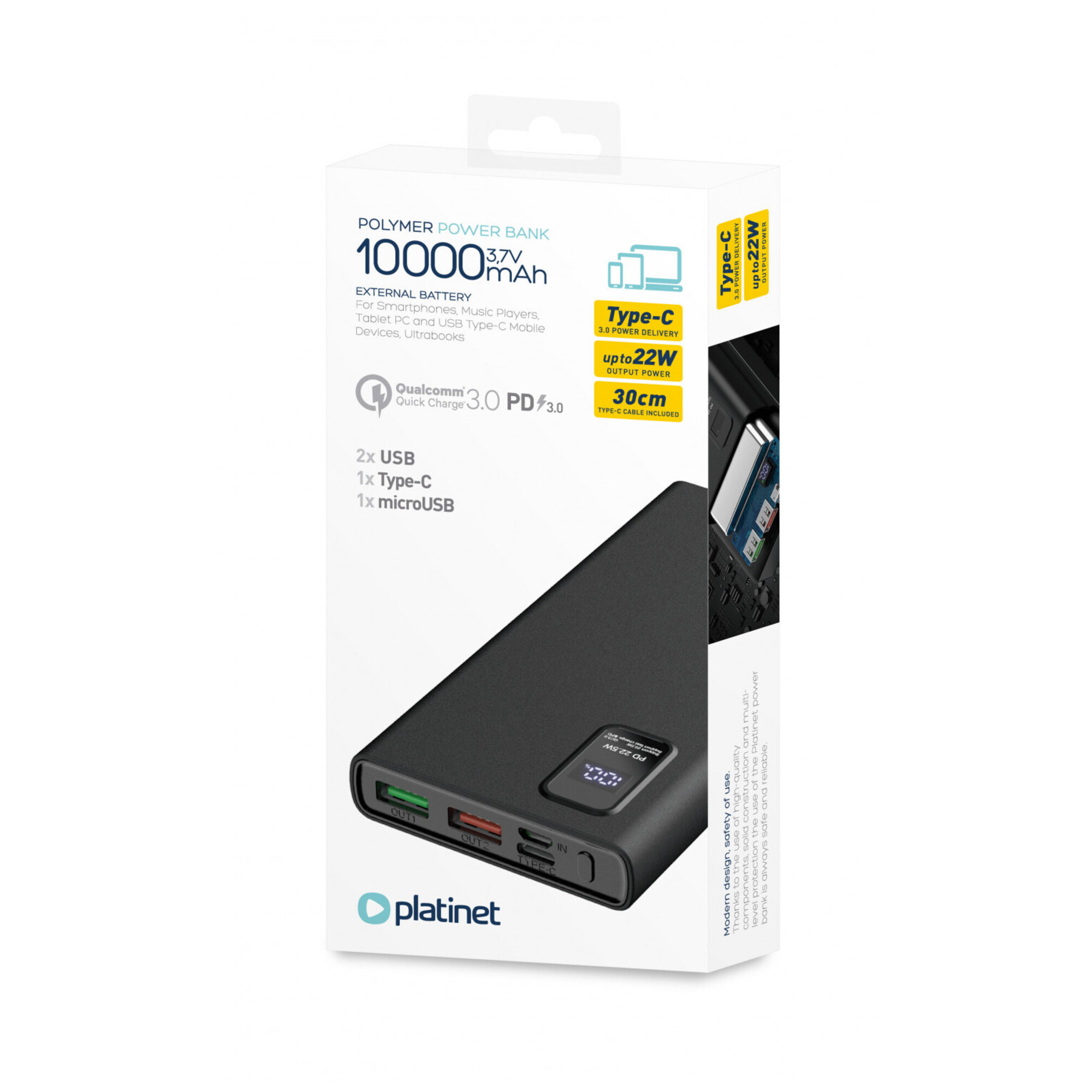 PLATINET Power Bank 10 000 mAh Polymer PD 3.0 QC 3.0 Écran LED Neuf - vue 3